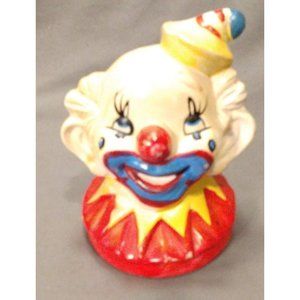 Mid-Century Chalkware Clown Head Bank, Vintage Ceramic Coin Bank, Beautiful Orig